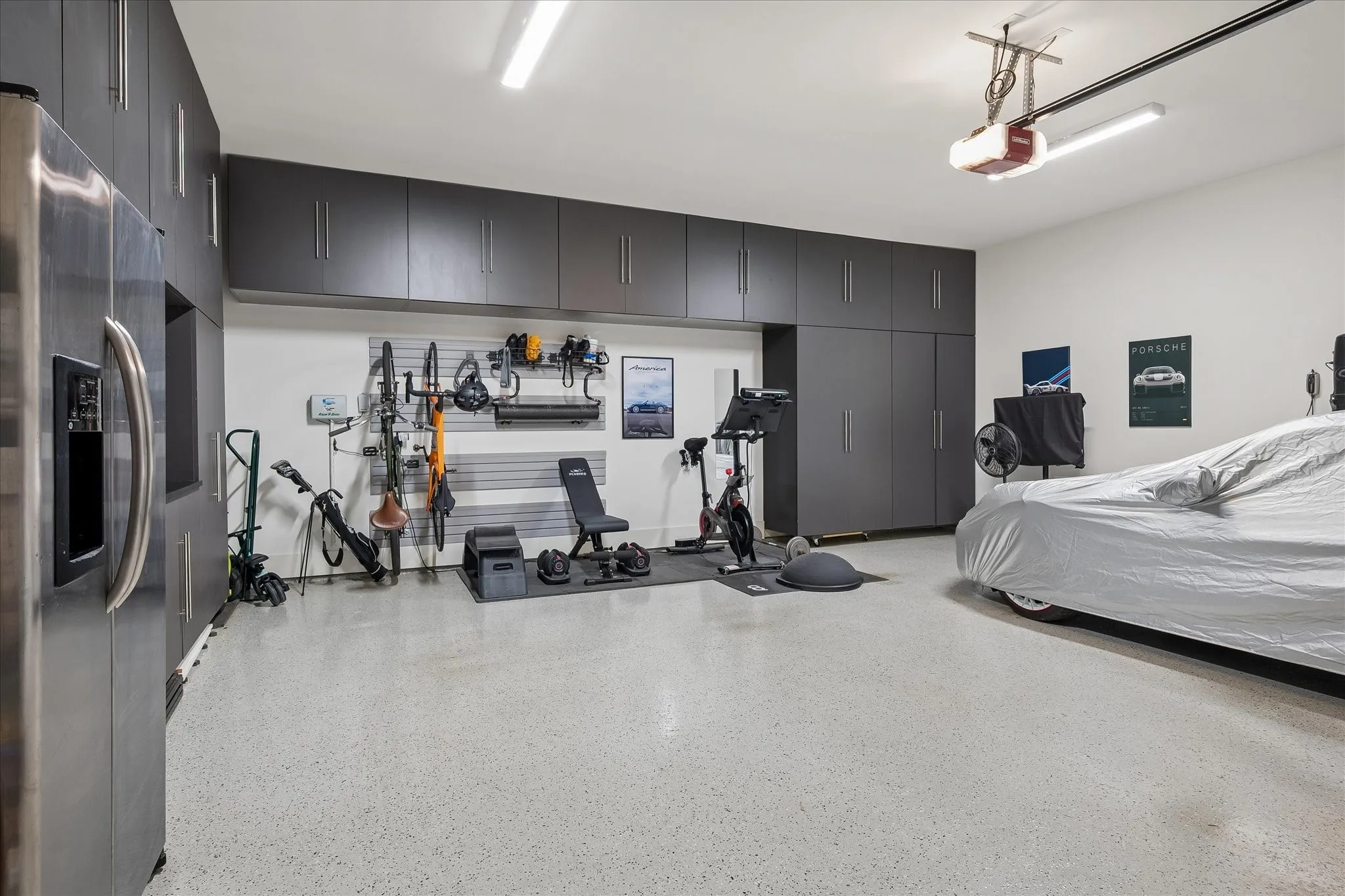 Epoxy Floor, wall of storage closets, extra space for workout