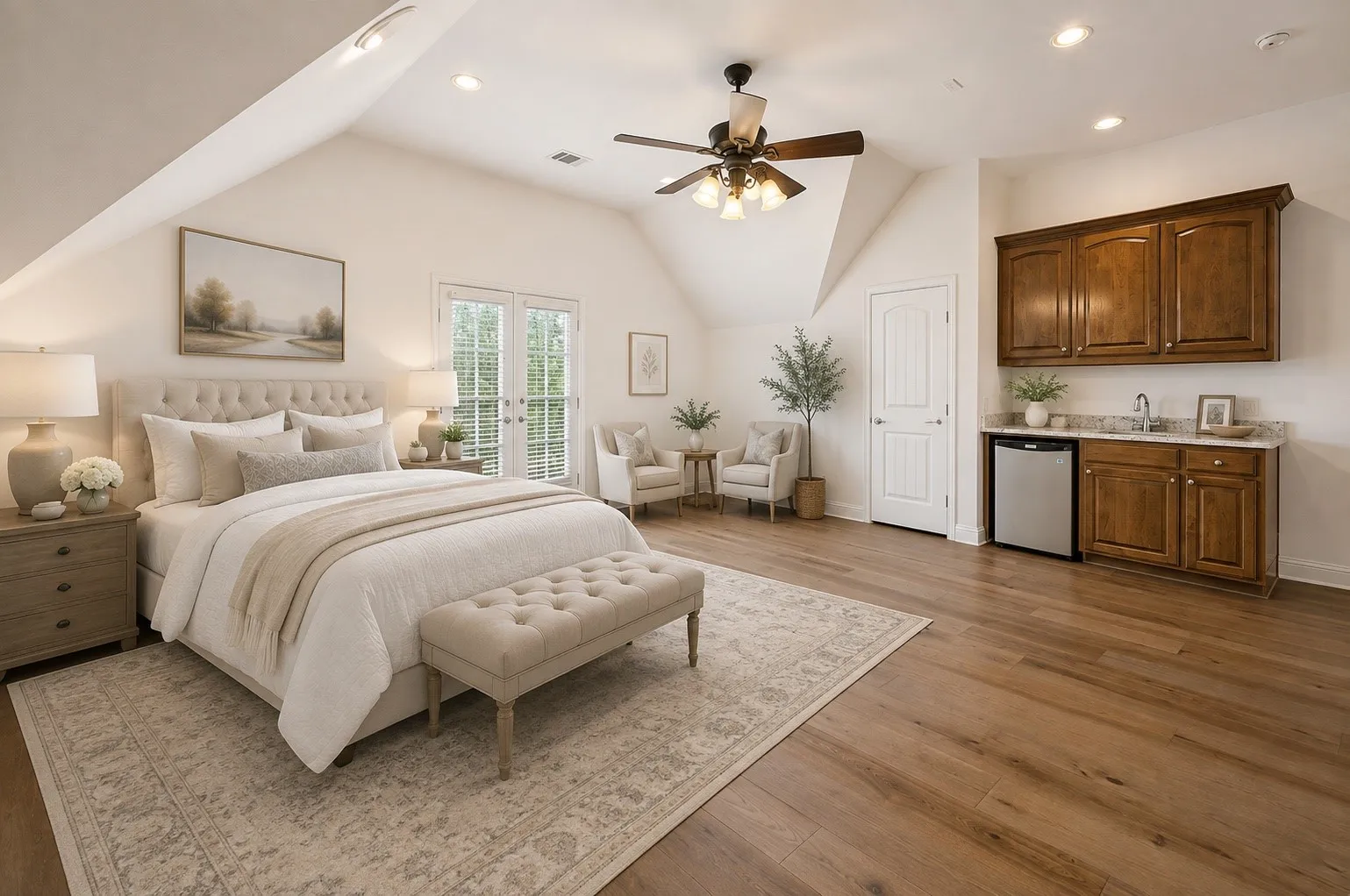 Designed for multigenerational living, this expansive upstairs suite includes a kitchenette, private bath, soaring ceilings, and ample space for both sleeping and living areas.