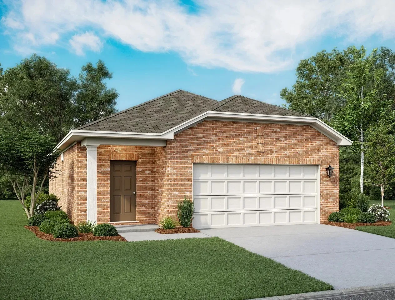 Brick exterior with a gabled roof and attached garage