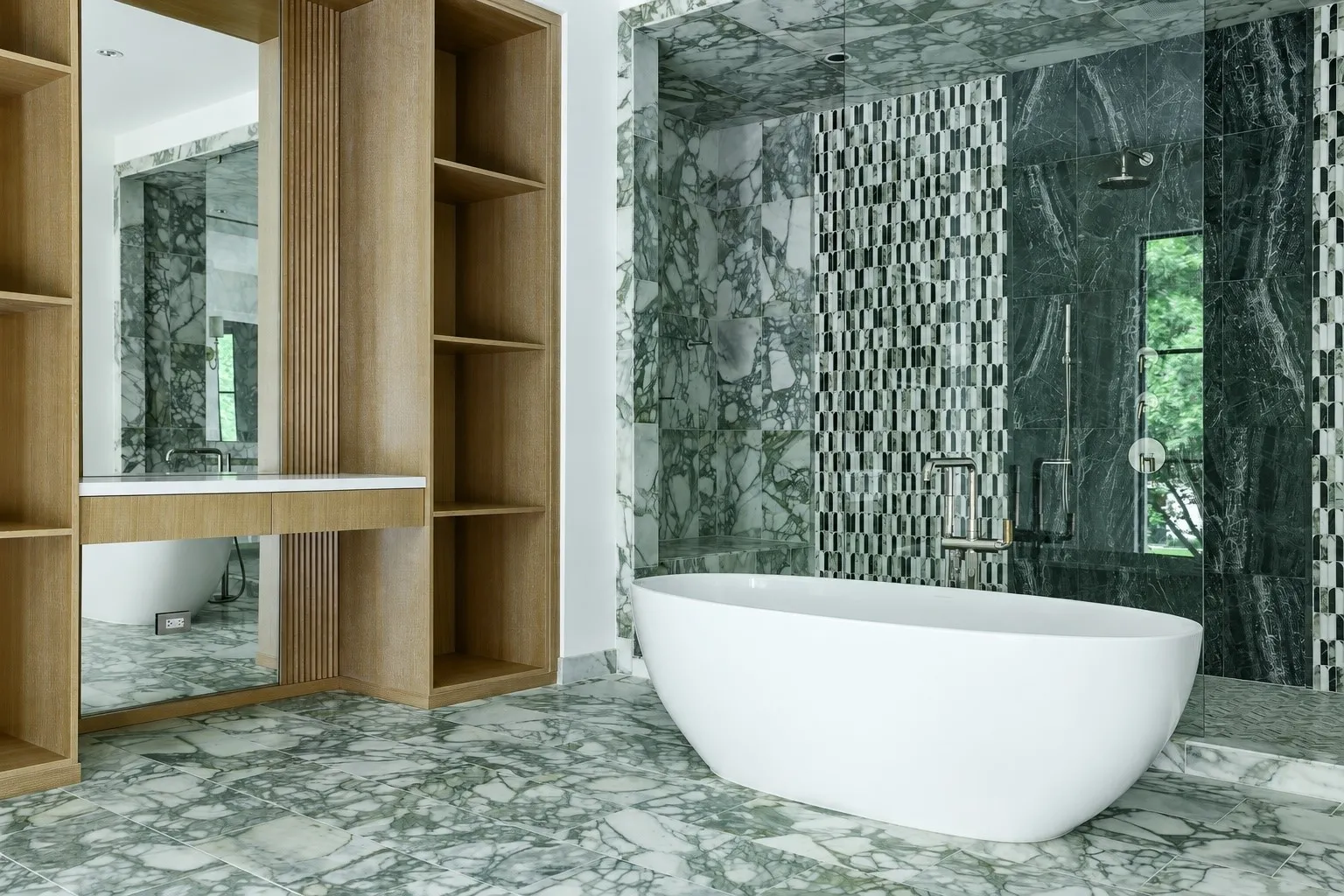 Vanity area featuring custom cabinetry with oversized deep soaking tub