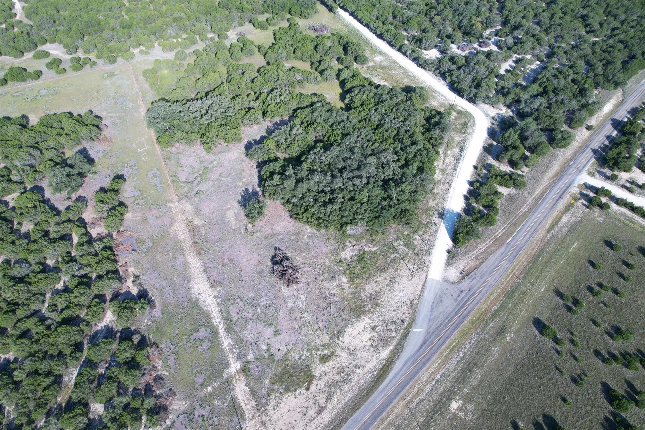 Expansive land parcel featuring dense tree coverage, a clear field, and direct road frontage