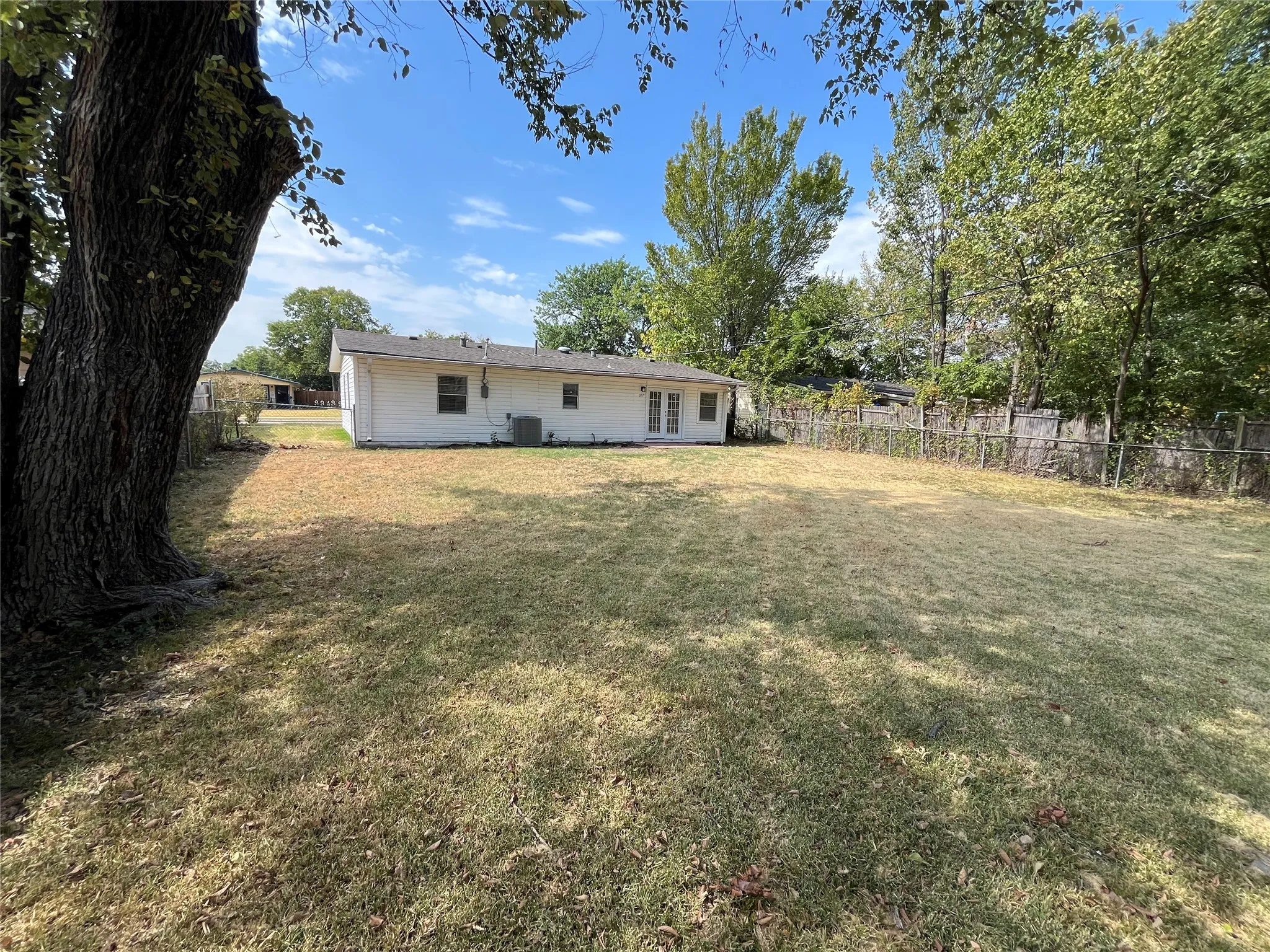 Expansive backyard with a chain-link fence and mature trees