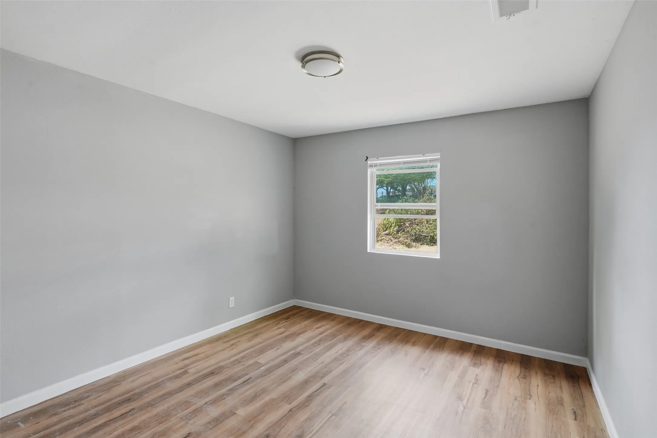 Bright secondary bedroom featuring fresh gray walls, wood-finish flooring, and natural light from a fixed window
