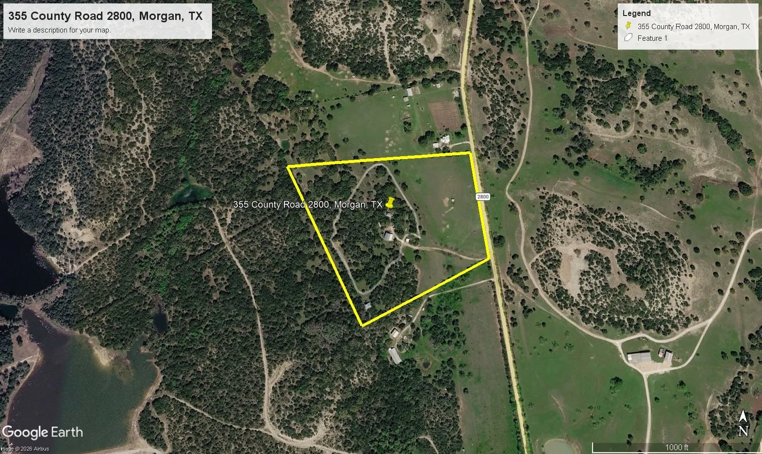 Aerial Map. Depicting the geographic location and boundaries of the property at 355 County Road 2800, Morgan, TX