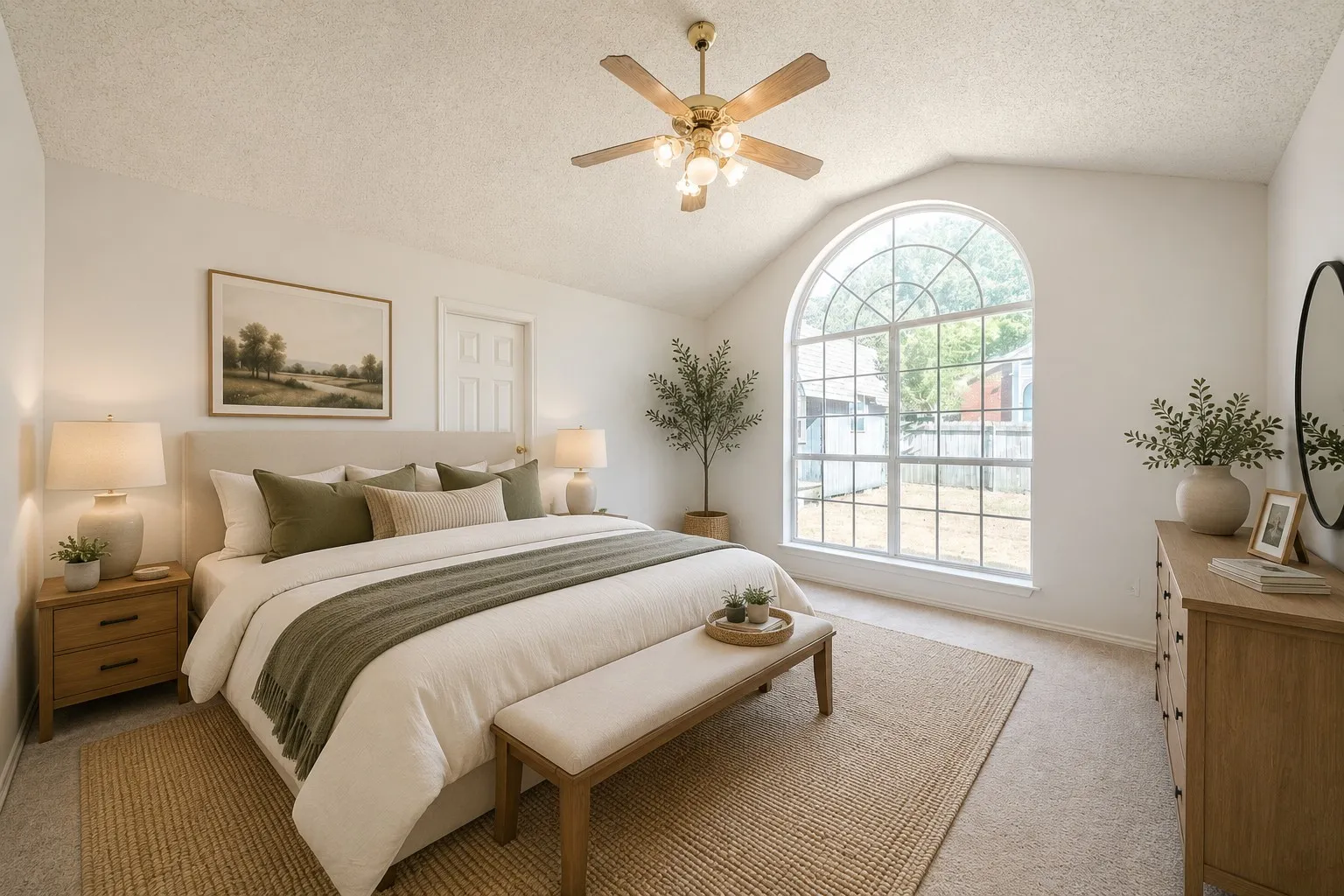 Super CUTE virtually-staged primary bedroom with large window and ceiling fan.
