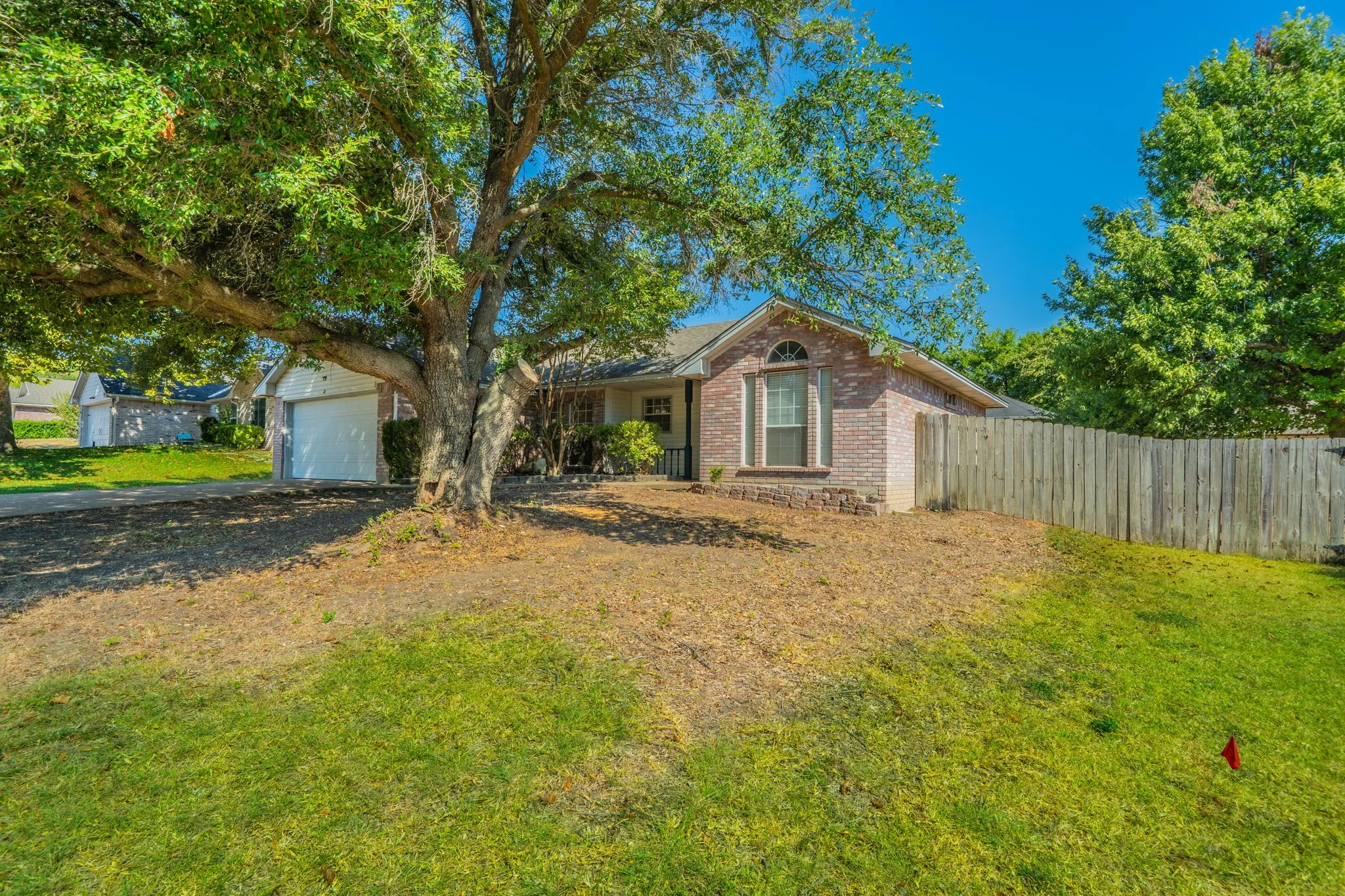 Another view of the front of the home with large yard and mature tree.