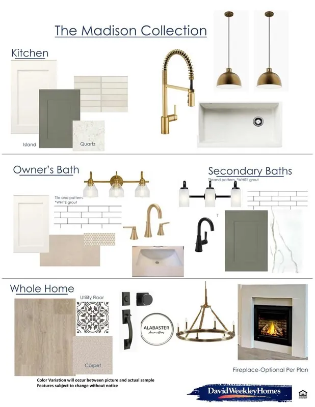 Interior Design Specification Sheet. The Madison Collection presenting finishes, fixtures, and furnishings organized by functional area including kitchen, owner's bath, secondary baths, and whole home selections with color variations and material samples