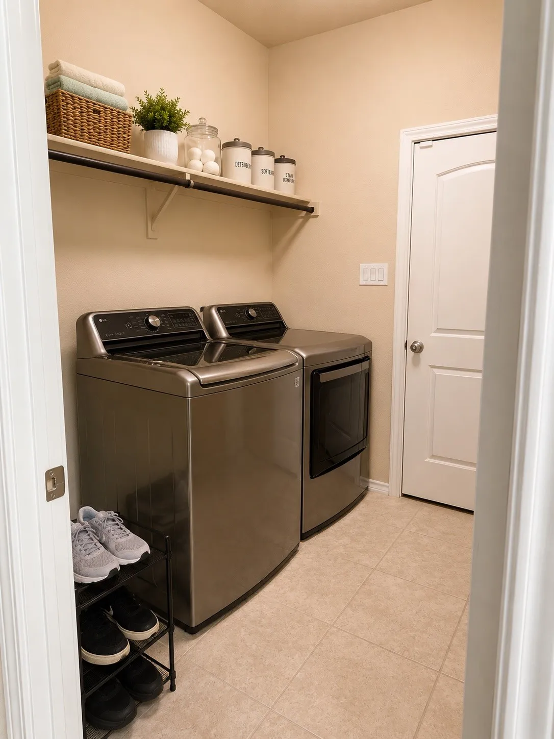 Laundry area featuring neutral wall paint, a built-in wall shelf with a hanging rod, and tile flooring