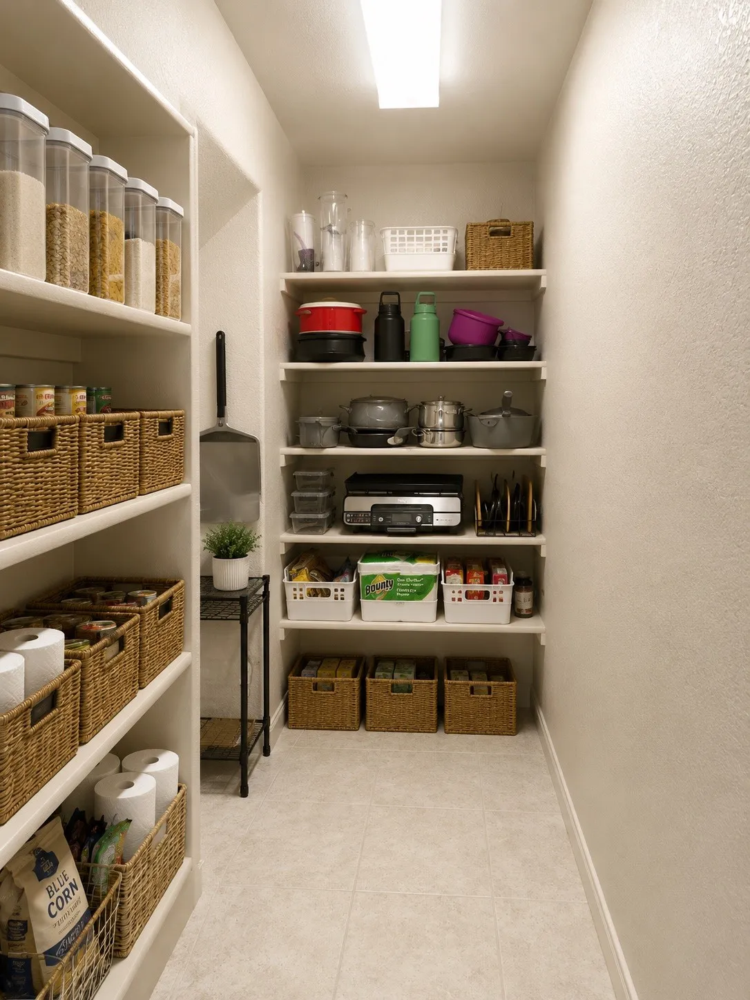 Recessed lighting, extensive built-in shelving, hard surface flooring, and bright wall finish