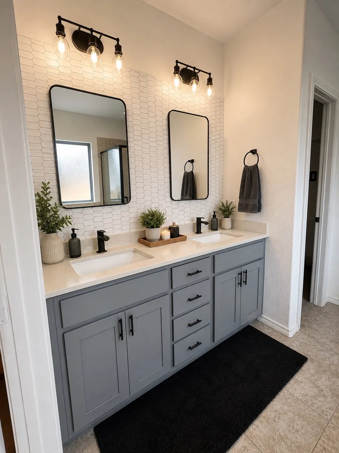 Dual vanity with gray cabinetry, integrated sinks, white countertops, and black fixtures