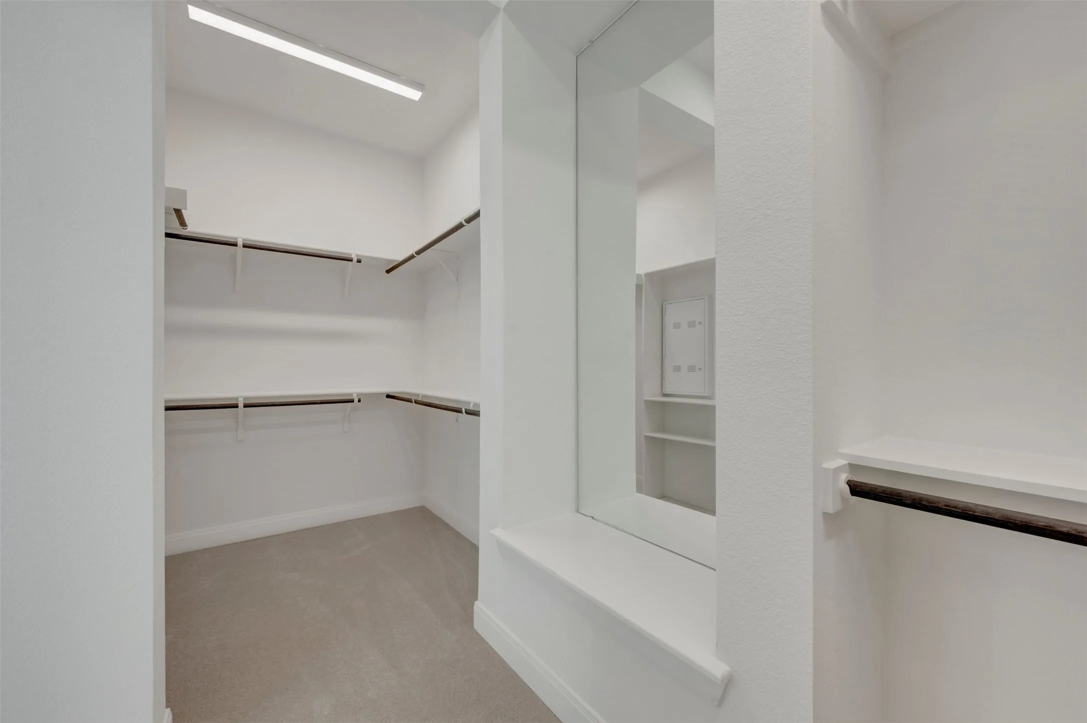 Walk-in closet with carpet flooring, extensive built-in shelving, and hanging rods