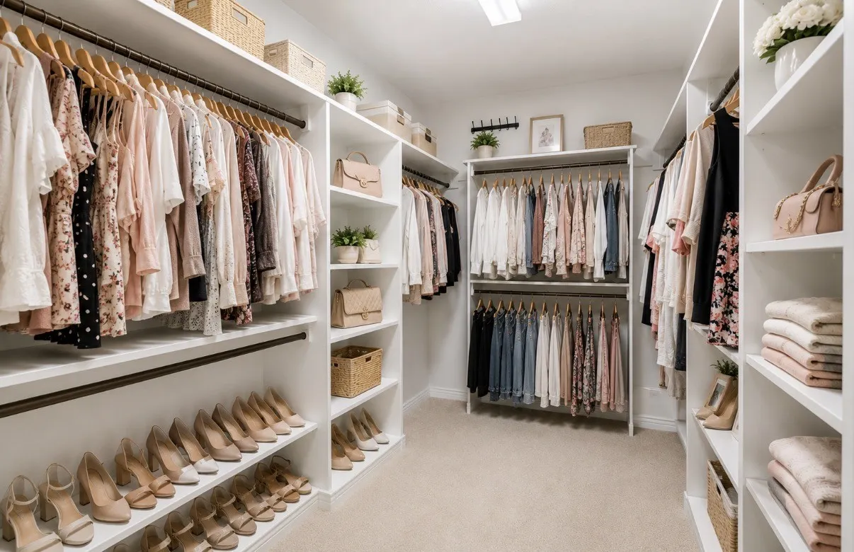 Virtually Staged Decor. Luxurious walk-in closet featuring custom white cabinetry with dual clothing rods, open shelving for folded garments and accessories, built-in shoe cubbies with individual slots, and integrated storage for handbags and linens
Virtually Staged Decor