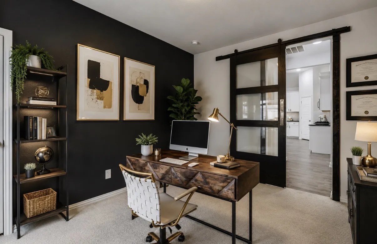 Contemporary home office or bedroom featuring black framed glass sliding doors with grid detailing, and neutral plush carpeting throughout. Virtually Staged Decor.