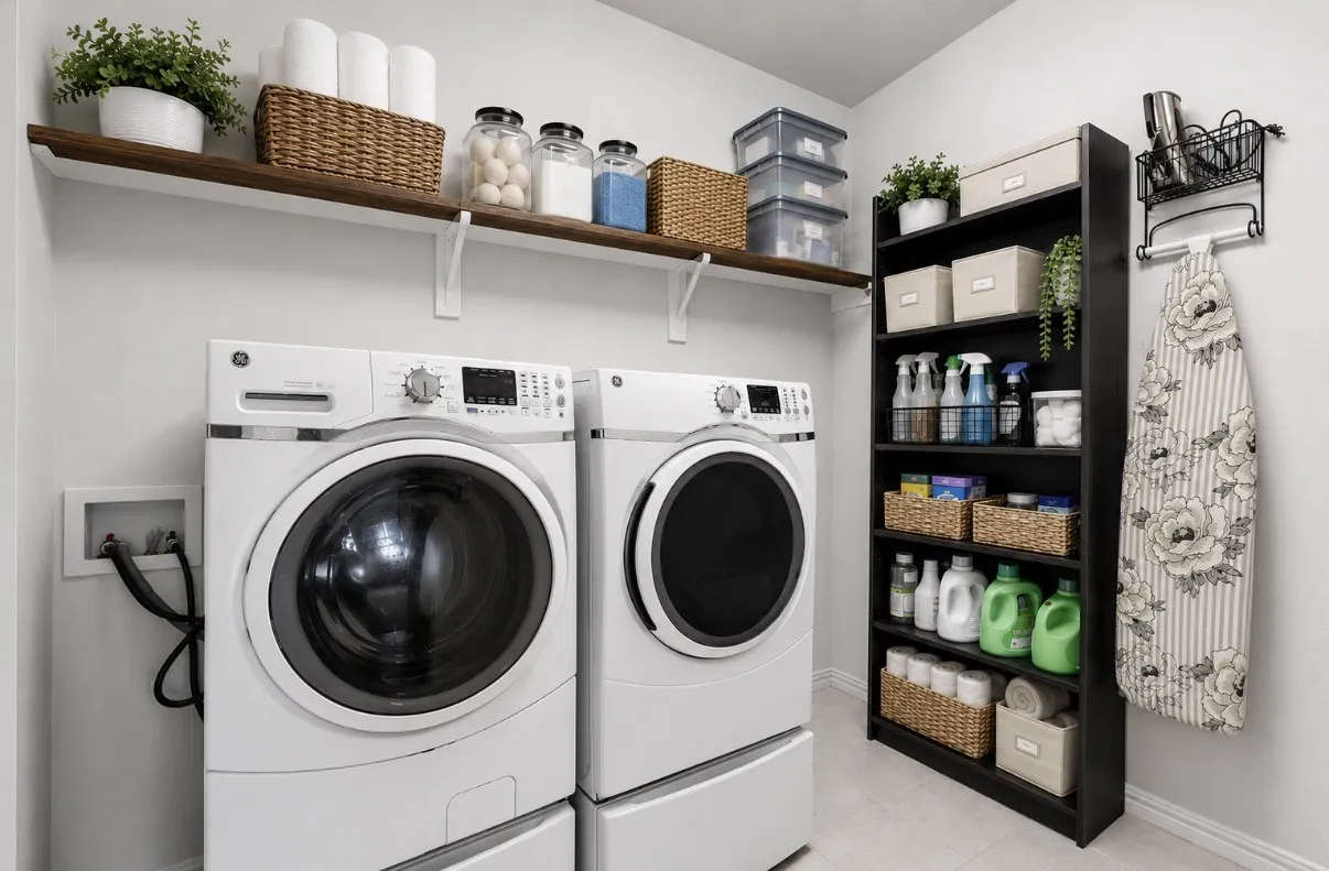 Virtually Staged Dedicated laundry room featuring side-by-side front-load washers and dryers with matching white finishes, open shelving with woven storage baskets, black wall-mounted cabinetry with integrated shelving, and a wall-mounted drying rack with striped linen accents