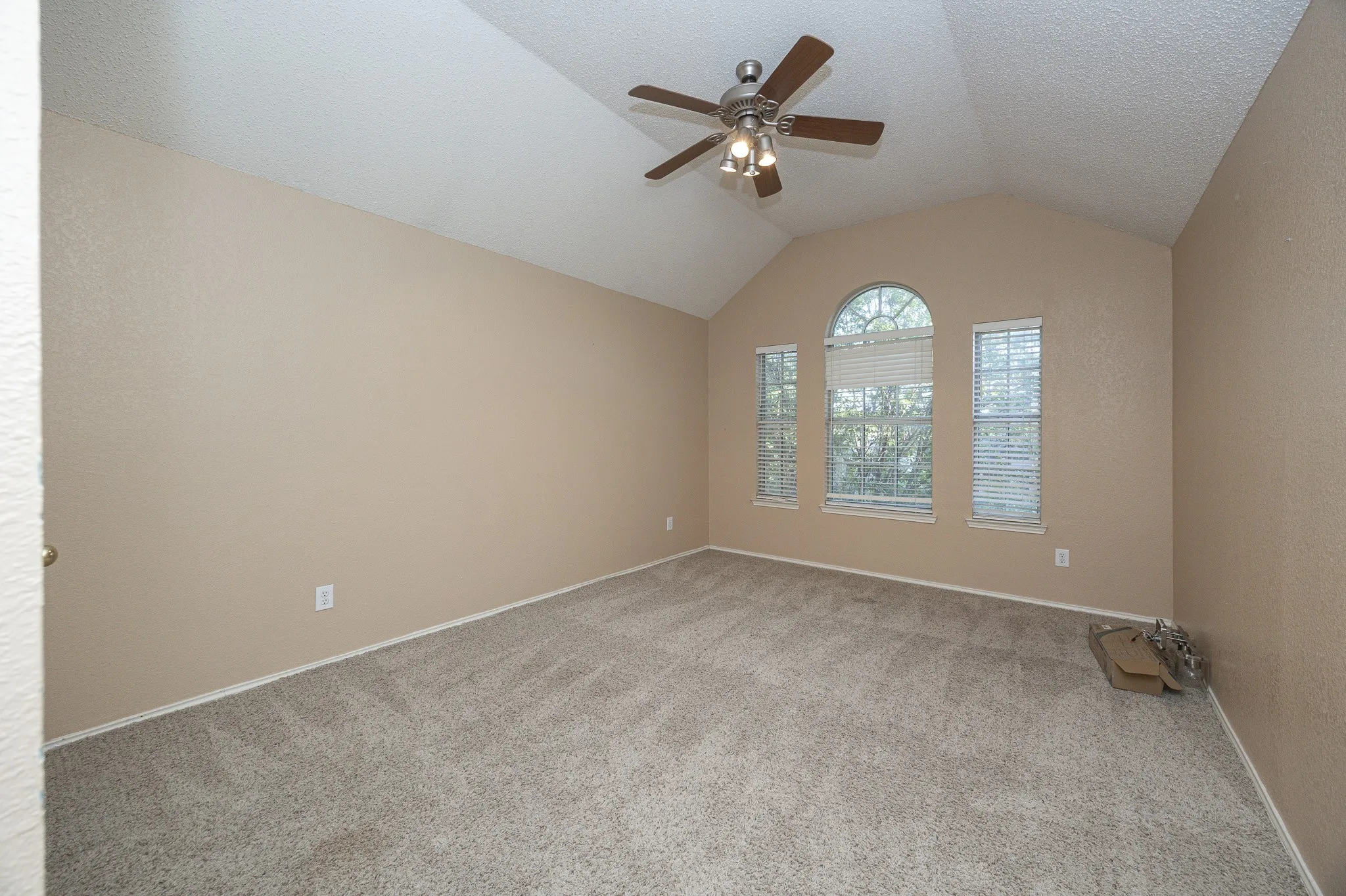 Vaulted ceiling with a ceiling fan