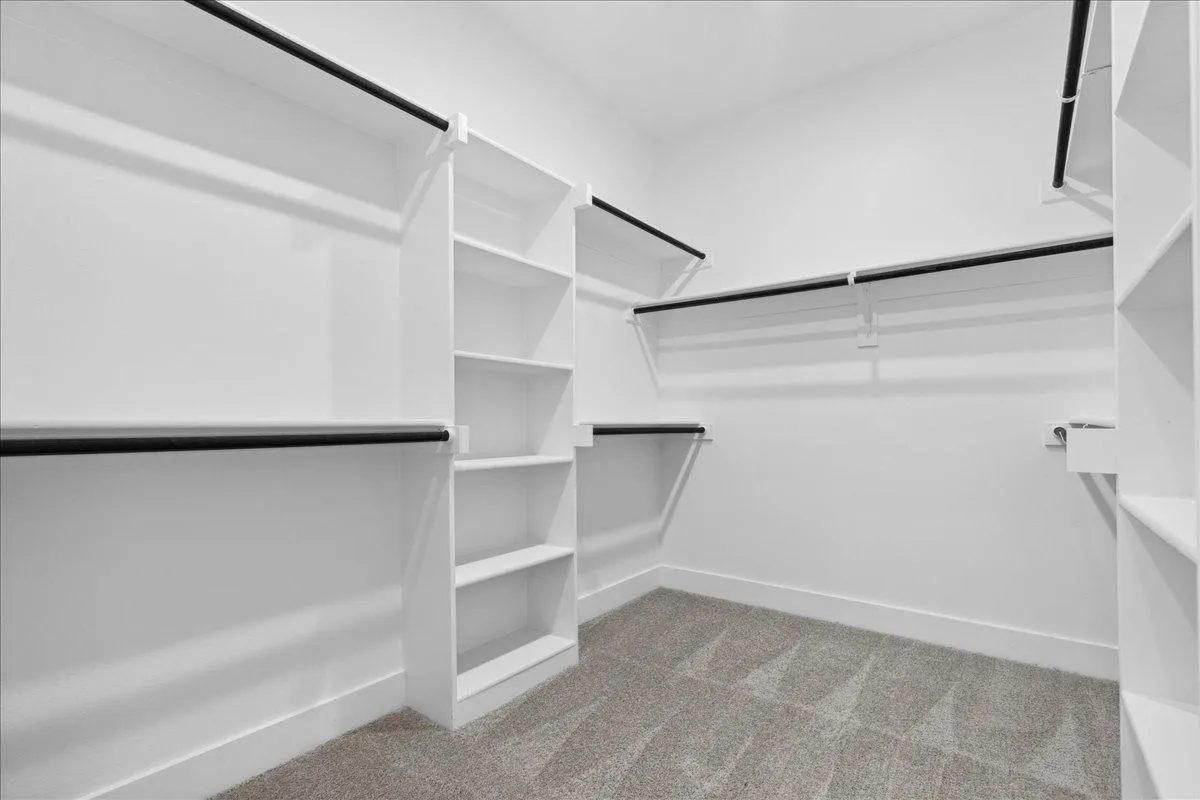 Built-in shelving with multiple compartments, integrated hanging rods, and carpeting