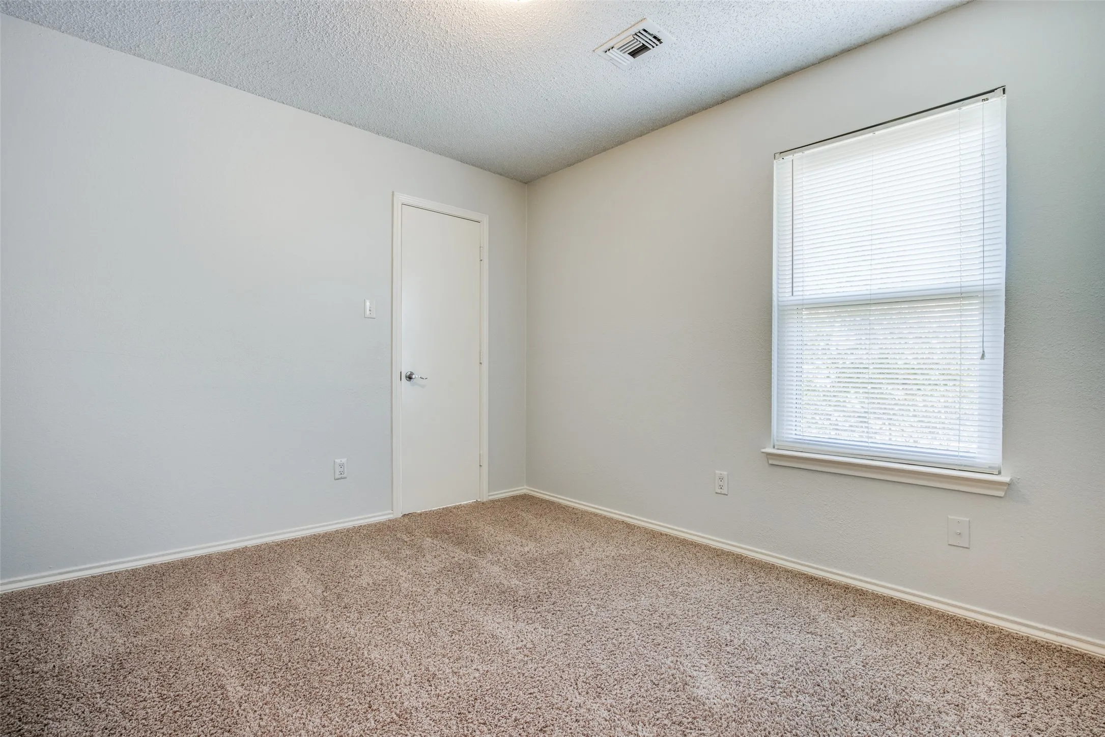 Carpeted room with a single window featuring horizontal blinds, a white door, and white trim