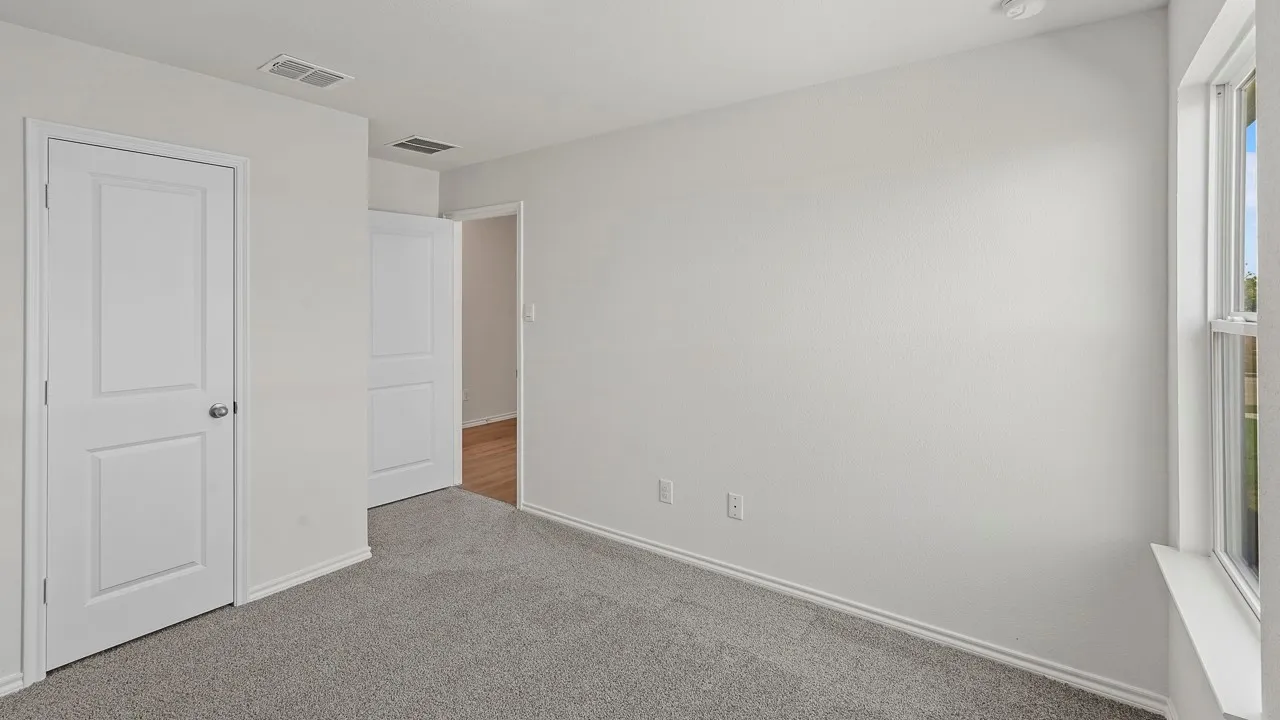 Light gray carpeting, white painted walls, white two-panel doors, and a white window frame
