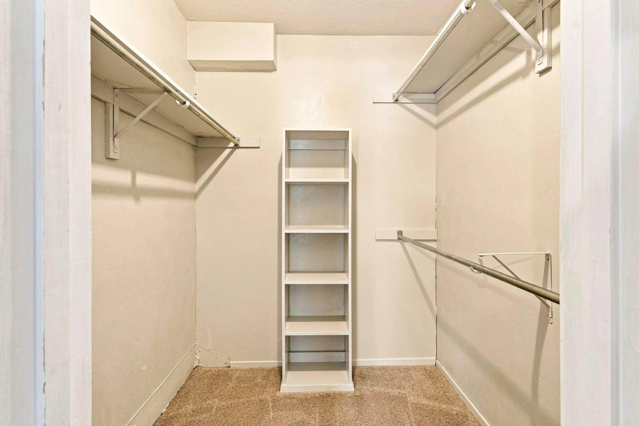 Walk-in closet featuring carpet flooring, built-in shelving, and multiple clothing rods