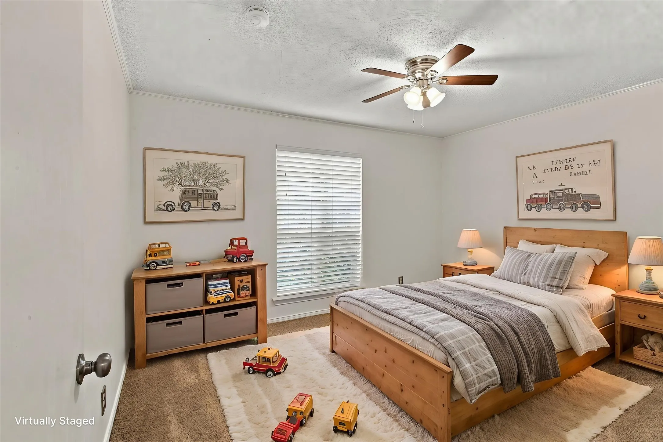 Carpeted room featuring a ceiling fan, a window with blinds