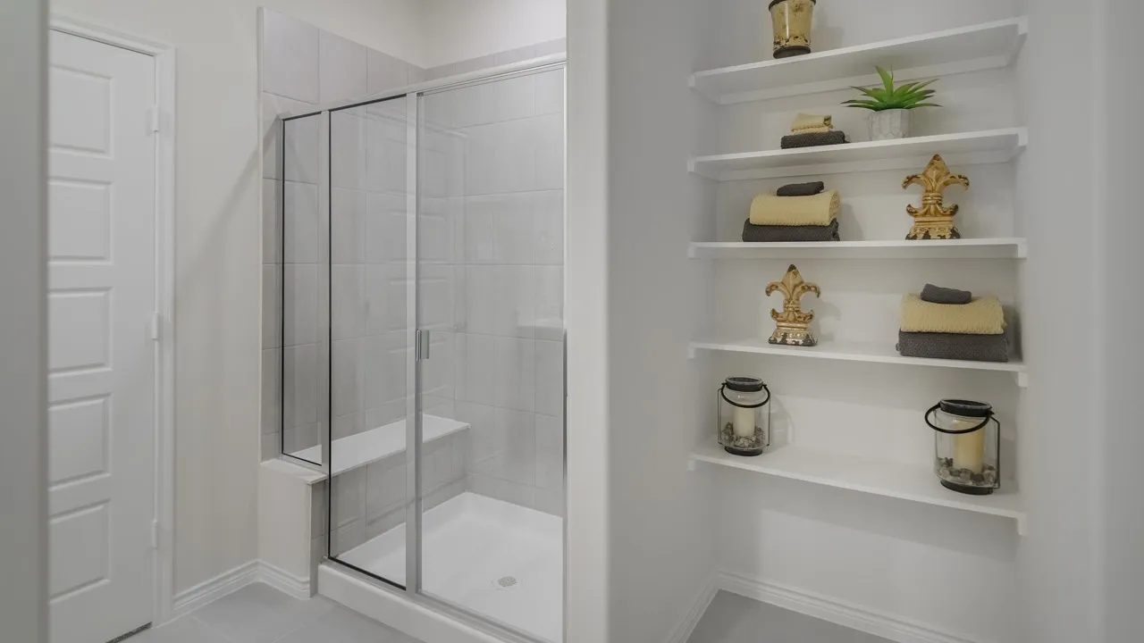Glass-enclosed shower with a built-in bench, tiled walls, and a white shower pan