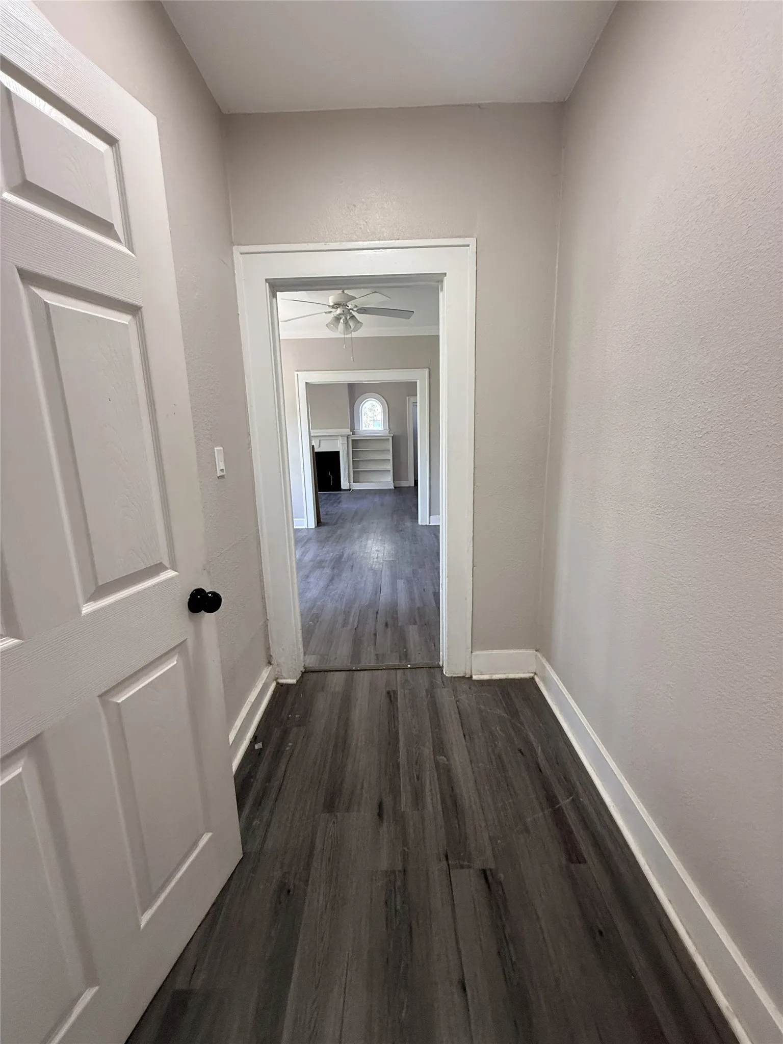 Wood-finish flooring throughout, white trim, and a paneled interior door
