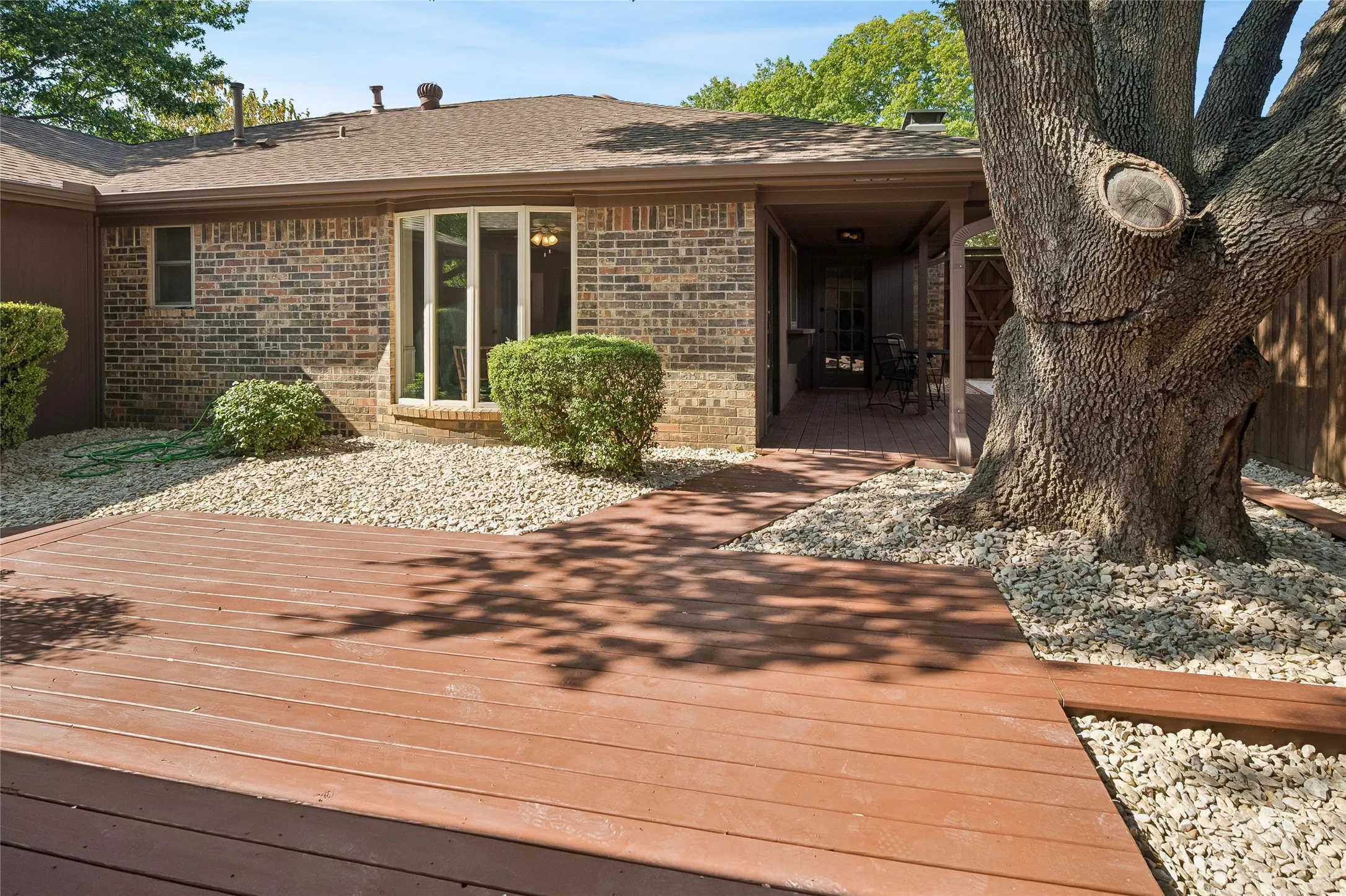 Wooden deck in backyard