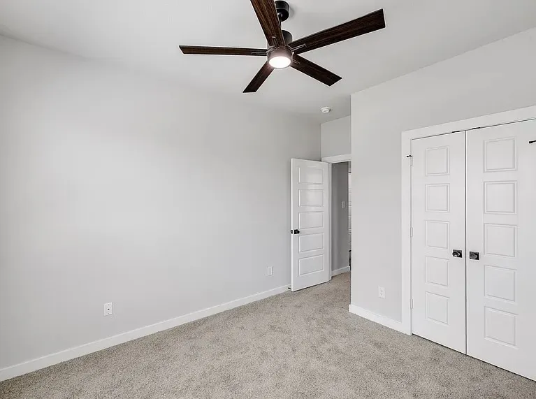 Plush carpeted flooring, a contemporary ceiling fan, and white paneled doors