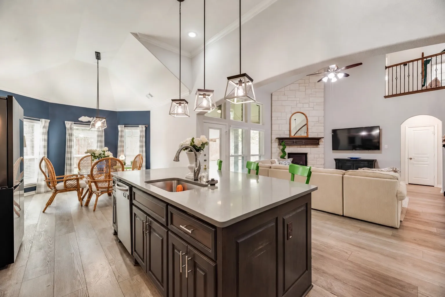 Kitchen has an oversized island with storage on both sides