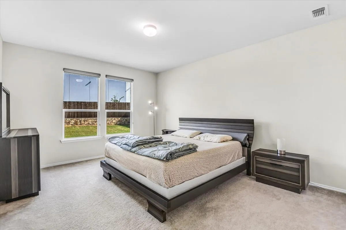 Neutral wall paint, ceiling-mounted light fixture, and two windows with roller shades