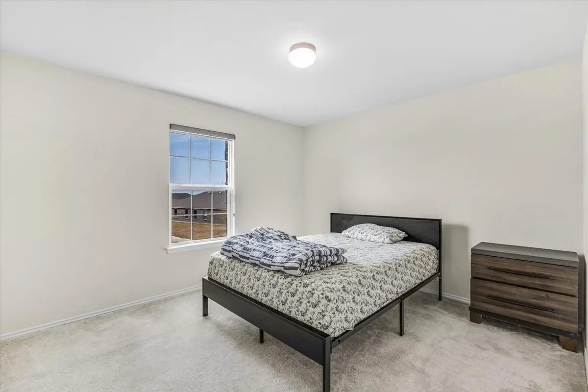 Light gray wall paint, window with white trim, and gray carpeted flooring