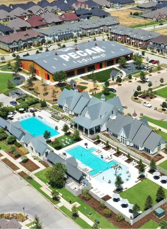 Neighborhood featuring multiple community pools, extensive recreational green spaces, and a large amenity building