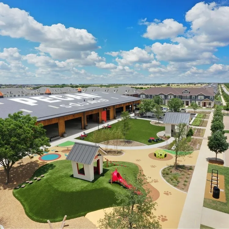 One of many playgrounds. Aerial view of basketball courts, event space.