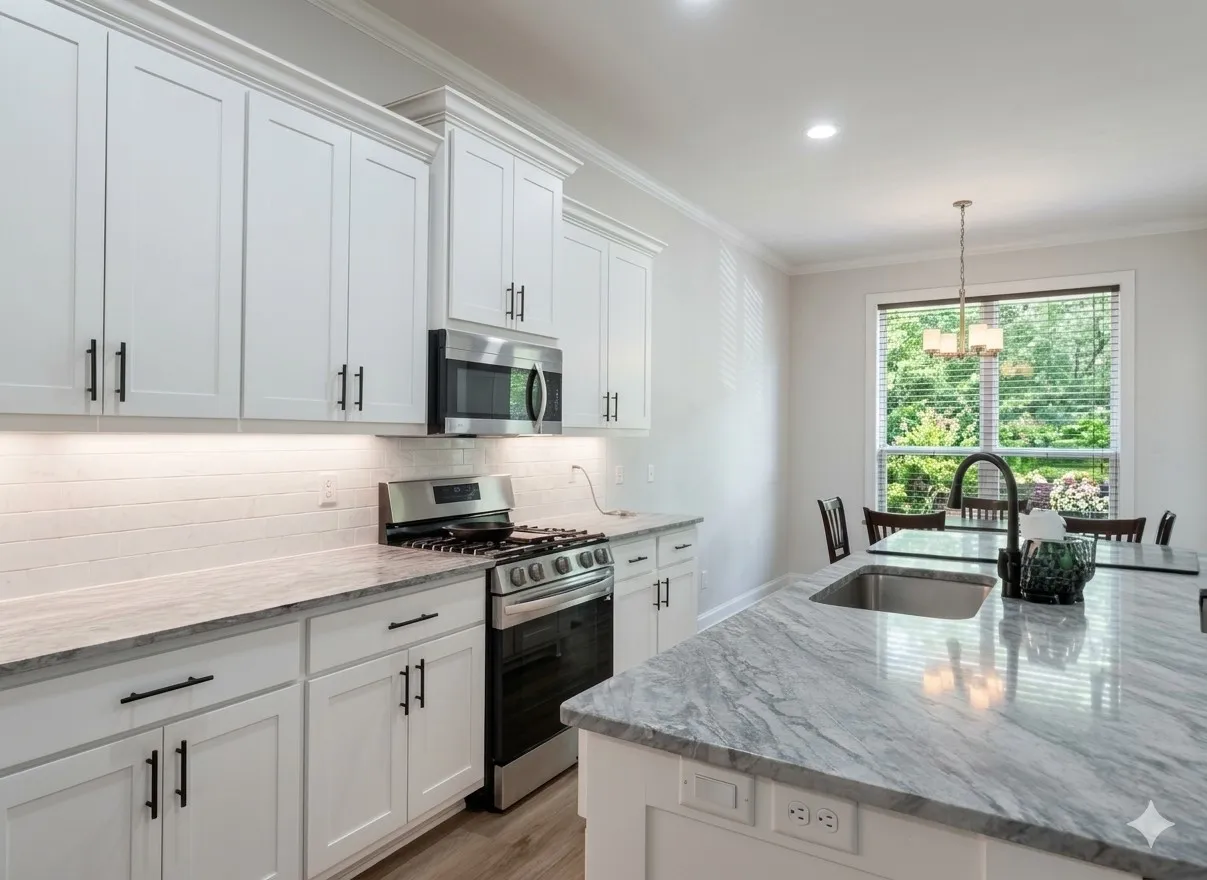 White shaker cabinetry with matte black hardware, stainless steel appliances, grey veined countertops, subway tile backsplash, and recessed lighting