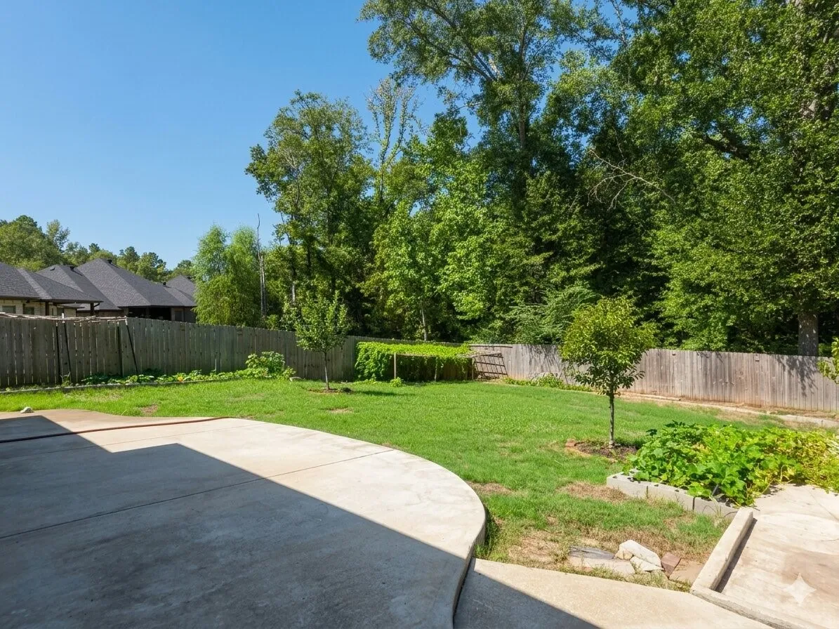 Expansive concrete patio with a manicured lawn, surrounded by a wood privacy fence and mature trees