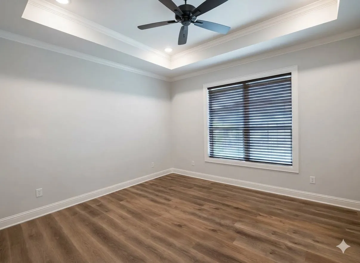 Tray ceiling with recessed lighting, crown molding, wood-finish flooring, and a ceiling fan