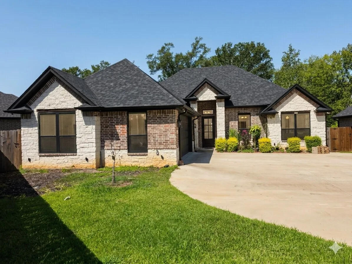Brick and stone exterior with dark-framed windows