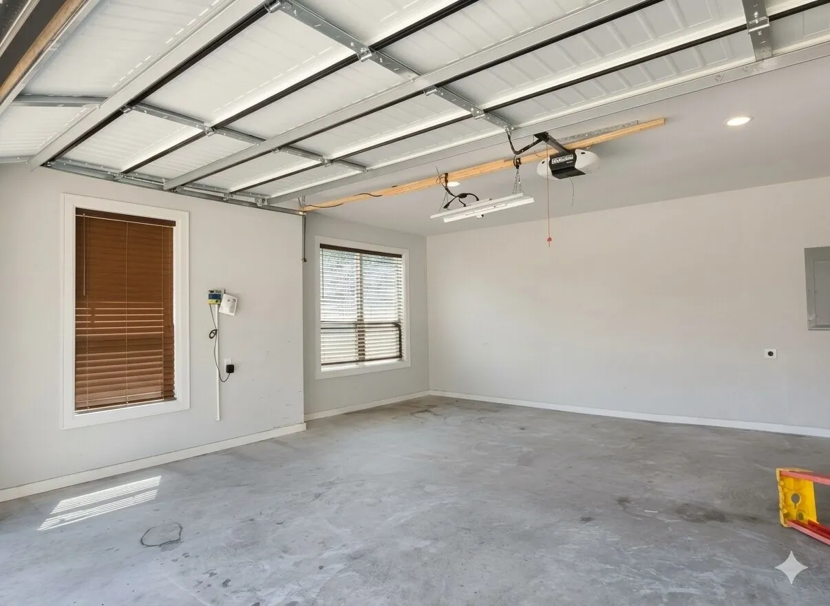 Attached two-car garage featuring a concrete floor, two windows with blinds, and white walls
