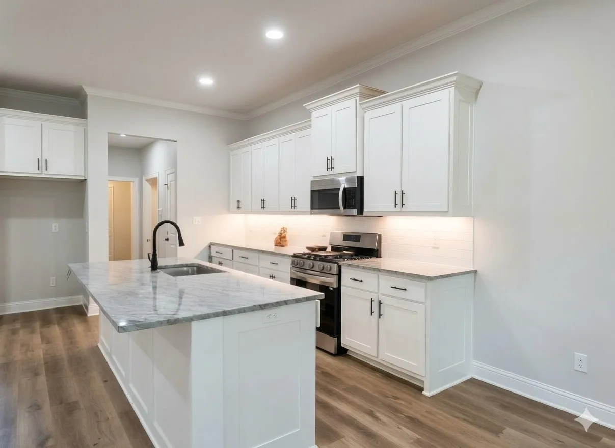 White shaker cabinetry with dark hardware, granite countertops, wood-finish flooring, and a stainless steel appliance suite