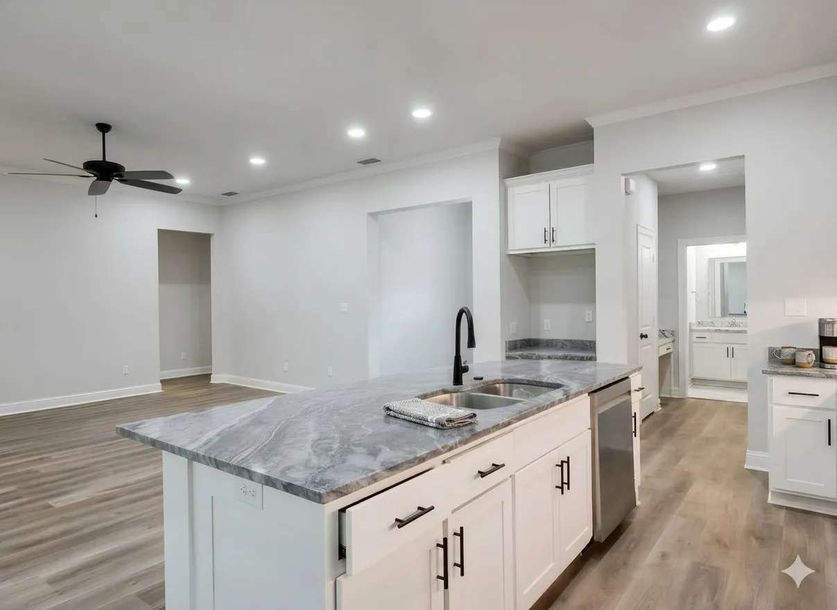 Kitchen island featuring a dual basin sink with a matte black faucet, integrated dishwasher, and stone countertop