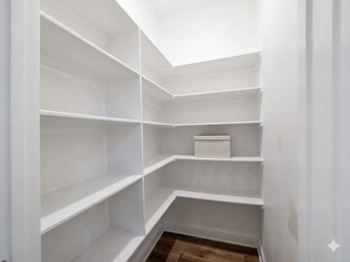 Expansive pantry with built-in shelving, wood-finish flooring, and crisp white walls