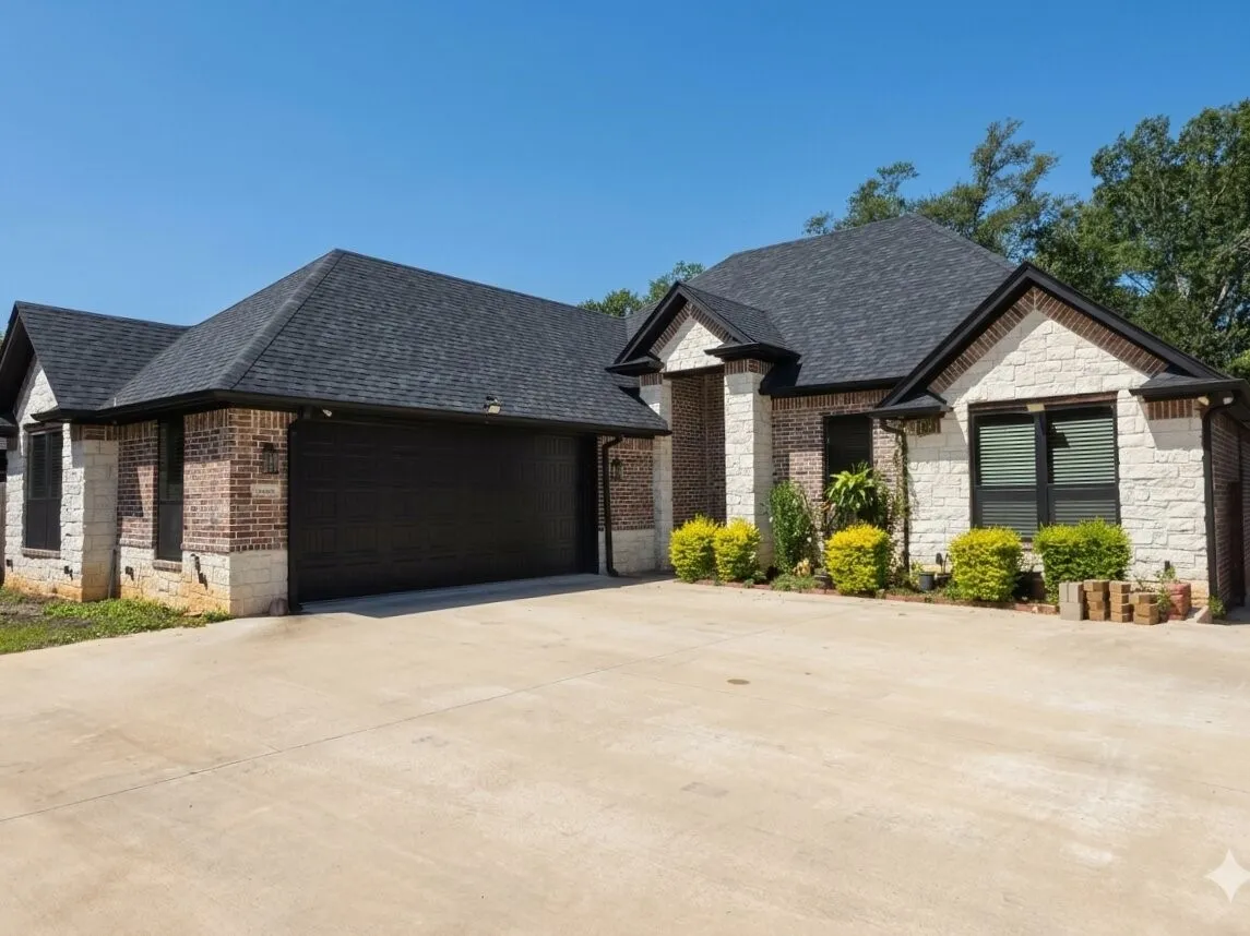 Brick and stone exterior with dark shingles