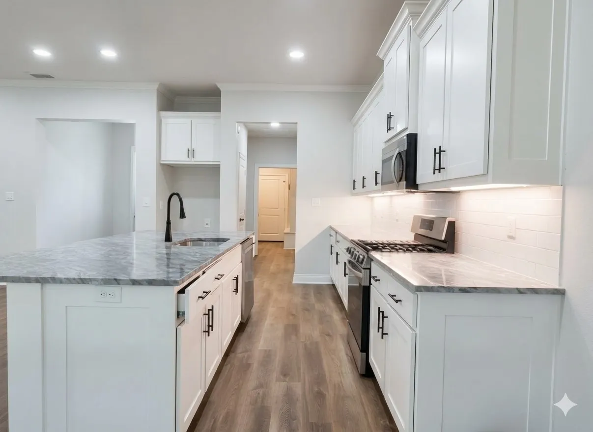 Spacious kitchen featuring an island with an integrated sink, stone countertops, white cabinetry with matte black hardware, stainless steel appliances, and wood-finish flooring