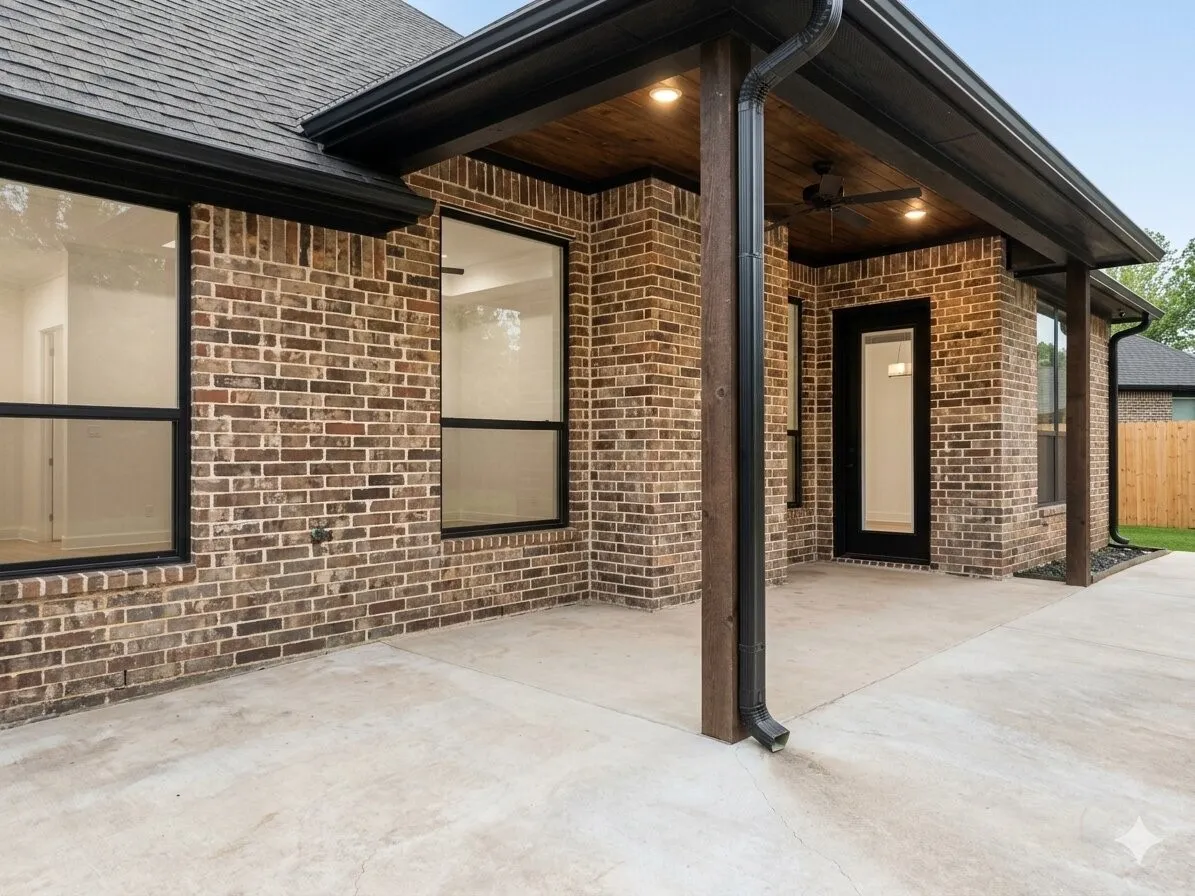 Covered patio featuring brick exterior, wood-paneled ceiling, recessed lighting, and a ceiling fan