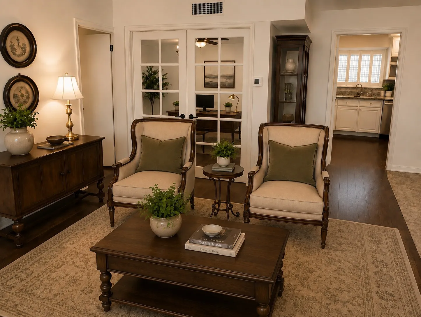 LIVING ROOM/OFFICE: The FLEX ROOM is virtually staged with Ai FRENCH DOORS showing the versatility of this space. Another option: instead of French Doors, the wall can be closed off and a door to enter the FELX room can be put in the hallway--perfect for another Guest Bedroom (3rd bedroom).