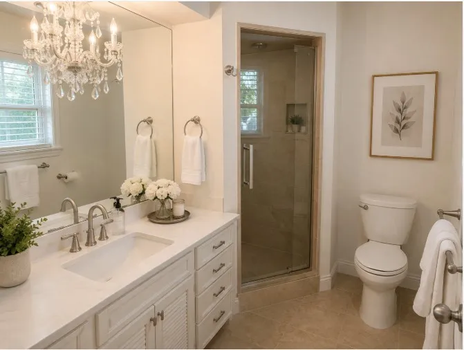PRIMARY BATHROOM: Vanity with an integrated sink and brushed nickel faucet, full-height mirror, glass-enclosed shower, and a crystal chandelier. Virtually staged.