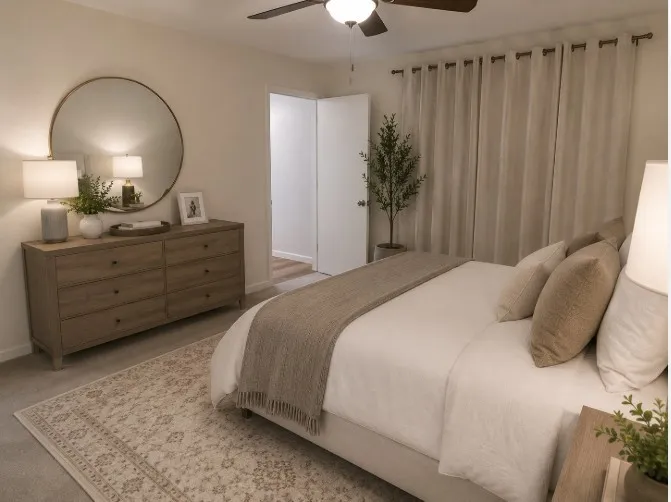 OWNER'S RETREAT: View overlooking the serene courtyard with abundance of mother nature's mature trees! Neutral wall color with a ceiling fan light fixture. Antimicrobial carpeting with substantial padding added. The same real hardwood floors underneath. Virtual staged.