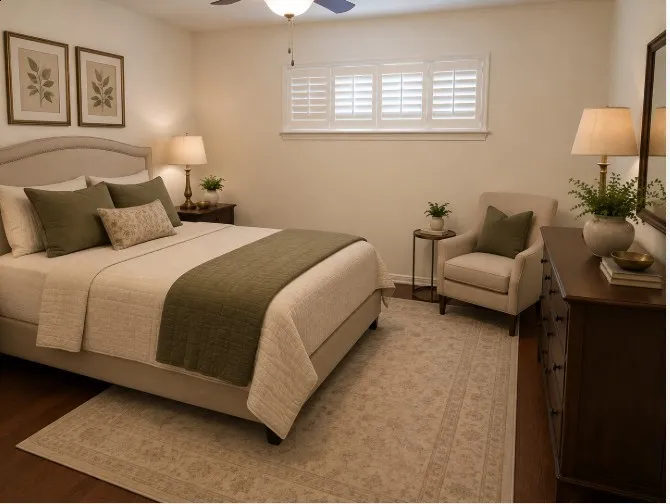 GUEST BEDROOM: Real hardwood flooring, ceiling fan, Plantation shutters. Virtual staged. Guest Bathroom not shown.