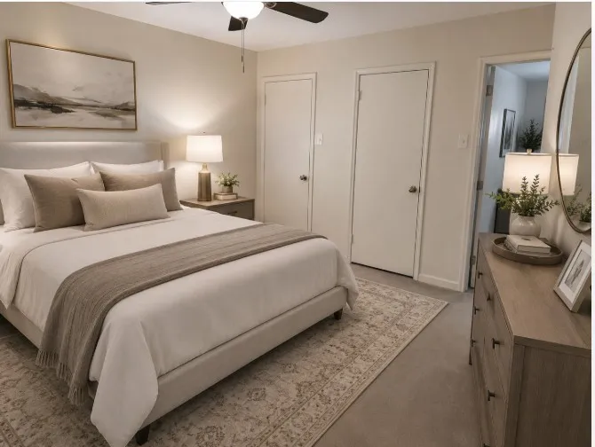 OWNER'S RETREAT: View overlooking the serene courtyard with abundance of mother nature's mature trees! Neutral wall color with a ceiling fan light fixture. Antimicrobial carpeting with substantial padding added. The same real hardwood floors are underneath.    Virtual staged.