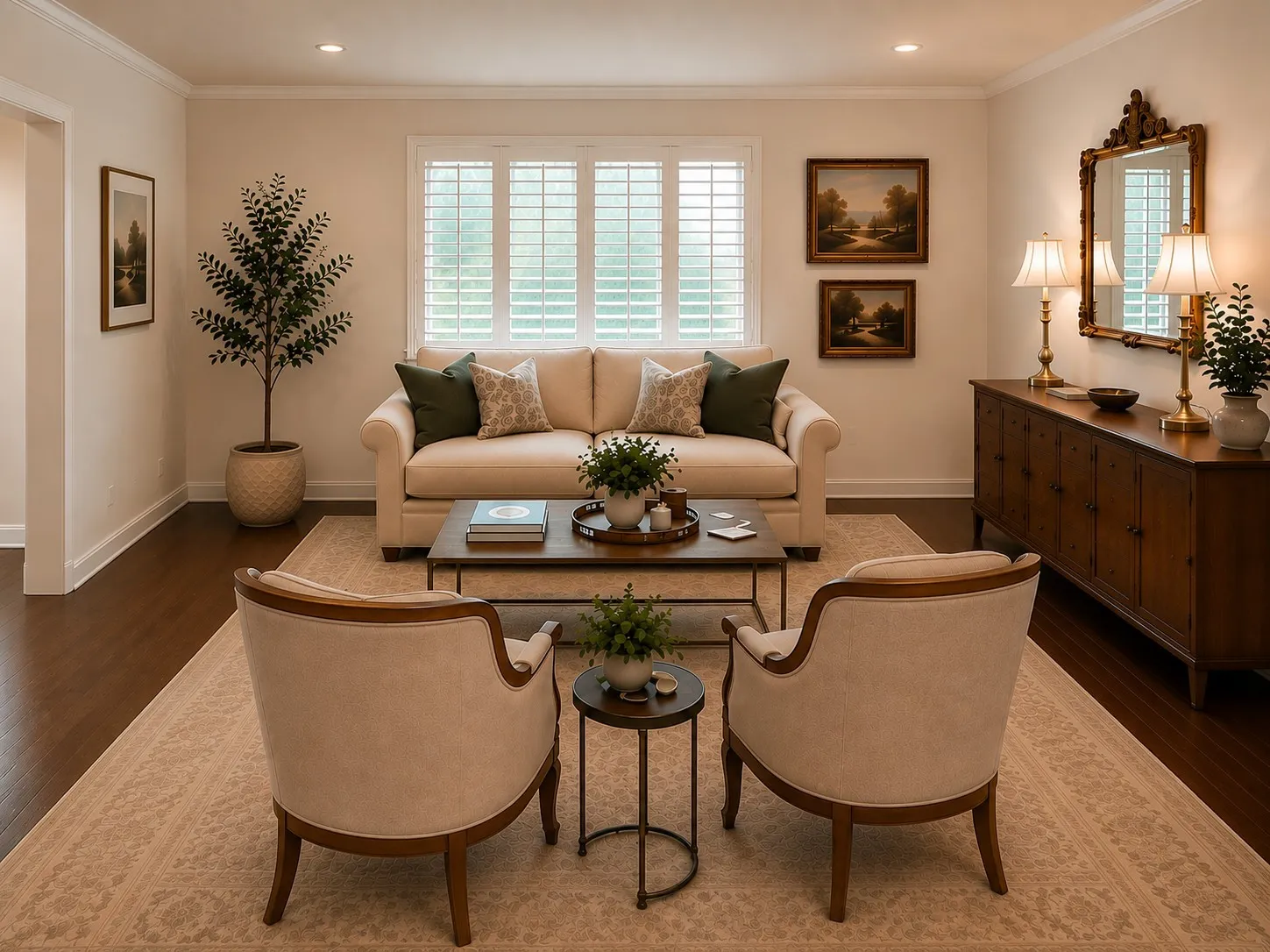 SPACIOUS LIVING ROOM: A generous living area offers plenty of room for comfortable seating and entertaining, enhanced by real hardwood floors, plantation shutters and abundant natural light. Enjoy peaceful views of the courtyard, where beautiful landscaping and a canopy of mature shade trees create a serene, park-like setting just outside your windows. Virtually staged.